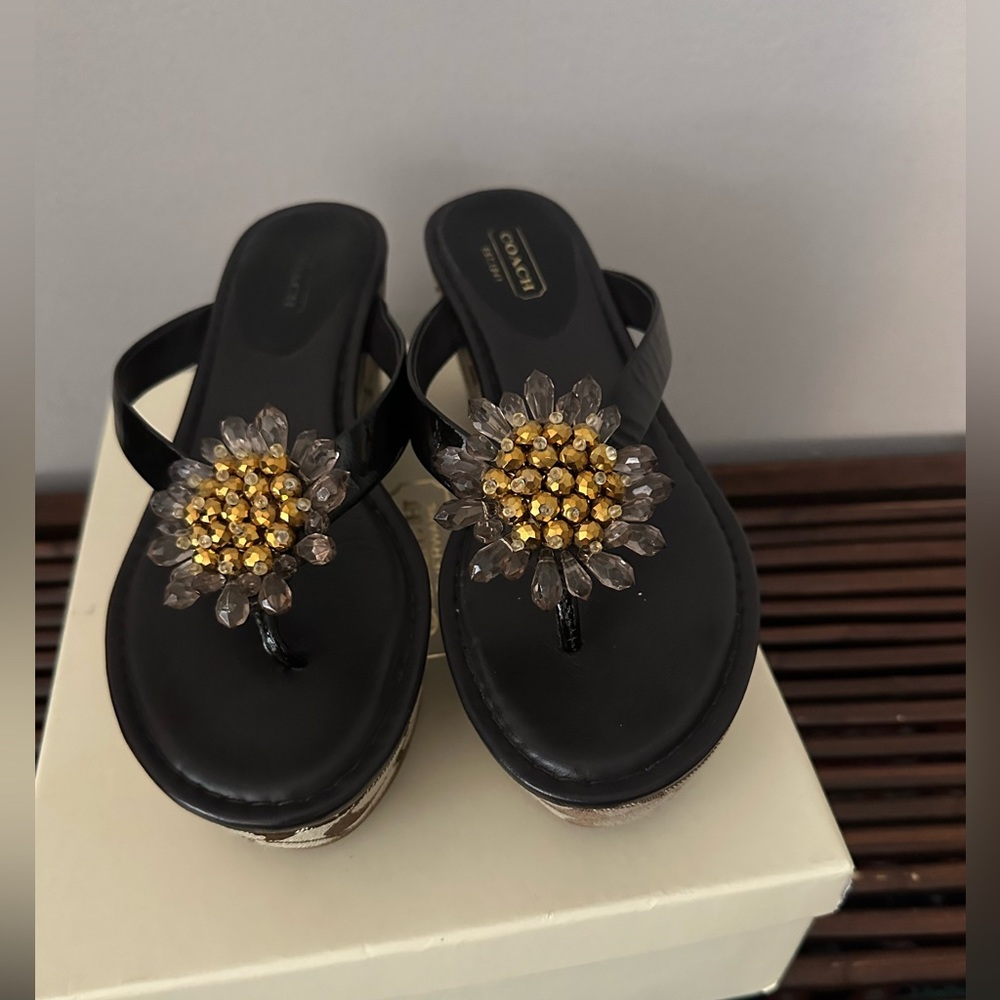 Coach platform sandals in deep brown and Coach logo.